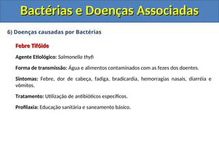 6) Doenças causadas por Bactérias
Febre Tifóide
Febre Tifóide
Agente Etiológico: Salmonella thyfi
Forma de transmissão: Água e alimentos contaminados com as fezes dos doentes.
Sintomas: Febre, dor de cabeça, fadiga, bradicardia, hemorragias nasais, diarréia e
vômitos.
Tratamento: Utilização de antibióticos específicos.
Profilaxia: Educação sanitária e saneamento básico.
Bactérias e Doenças Associadas
Bactérias e Doenças Associadas
 