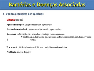6) Doenças causadas por Bactérias
Difteria
Difteria (crupe)
Agente Etiológico: Corynebacterium diphthriae
Forma de transmissão: Pelo ar contaminado e pela saliva
Sintomas: Inflamação das amígdalas, faringe e mucosa nasal.
A bactéria produz toxina que destrói as fibras cardíacas, células nervosas
e renais.
Tratamento: Utilização de antibióticos penicilina e eritromicina.
Profilaxia: Vacina Tríplice
Bactérias e Doenças Associadas
Bactérias e Doenças Associadas
 