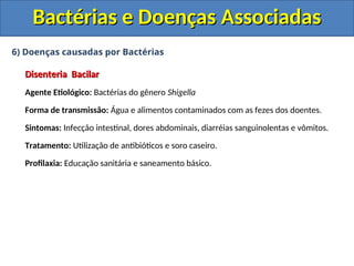 6) Doenças causadas por Bactérias
Disenteria Bacilar
Disenteria Bacilar
Agente Etiológico: Bactérias do gênero Shigella
Forma de transmissão: Água e alimentos contaminados com as fezes dos doentes.
Sintomas: Infecção intestinal, dores abdominais, diarréias sanguinolentas e vômitos.
Tratamento: Utilização de antibióticos e soro caseiro.
Profilaxia: Educação sanitária e saneamento básico.
Bactérias e Doenças Associadas
Bactérias e Doenças Associadas
 