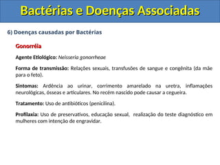 6) Doenças causadas por Bactérias
Gonorréia
Gonorréia
Agente Etiológico: Neisseria gonorrheae
Forma de transmissão: Relações sexuais, transfusões de sangue e congênita (da mãe
para o feto).
Sintomas: Ardência ao urinar, corrimento amarelado na uretra, inflamações
neurológicas, ósseas e articulares. No recém nascido pode causar a cegueira.
Tratamento: Uso de antibióticos (penicilina).
Profilaxia: Uso de preservativos, educação sexual, realização do teste diagnóstico em
mulheres com intenção de engravidar.
Bactérias e Doenças Associadas
Bactérias e Doenças Associadas
 