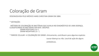 Coloração de Gram
DESENVOLVIDA PELO MÉDICO HANS CHRISTIAN GRAM EM 1884.
* DEFINIÇÃO:
MÉTODO DE COLORAÇÃO DE BACTÉRIAS QUE AUXILIA NO DIAGNÓSTICO DE UMA DOENÇA,
CLASSIFICANDO AS BACTÉRIAS EM DOIS GRUPOS:
GRAM POSITIVAS ( G+ )
GRAM NEGATIVAS ( G - )
* PAREDE CELULAR → COLORAÇÃO DE GRAM: clinicamente, contribuem para algumas espécies
causar doença ou não. Local de ação de alguns
antibióticos.
 