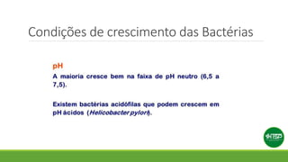 Condições de crescimento das Bactérias
 