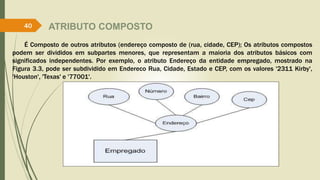 ATRIBUTO COMPOSTO
É Composto de outros atributos (endereço composto de (rua, cidade, CEP); Os atributos compostos
podem ser divididos em subpartes menores, que representam a maioria dos atributos básicos com
significados independentes. Por exemplo, o atributo Endereço da entidade empregado, mostrado na
Figura 3.3, pode ser subdividido em Endereco Rua, Cidade, Estado e CEP, com os valores '2311 Kirby',
'Houston', 'Texas' e '77001'.
40
 