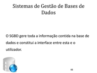 Sistemas de Gestão de Bases de
                Dados



O SGBD gere toda a informação contida na base de
dados e constitui a interface entre esta e o
utilizador.



                                        48
 