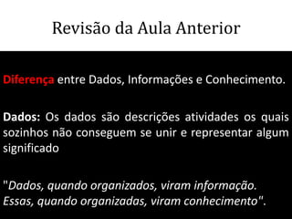 Revisão da Aula Anterior

Diferença entre Dados, Informações e Conhecimento.

Dados: Os dados são descrições atividades os quais
sozinhos não conseguem se unir e representar algum
significado

"Dados, quando organizados, viram informação.
Essas, quando organizadas, viram conhecimento".
                                      64
 