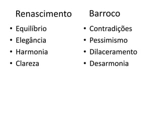 Renascimento
• Equilíbrio
• Elegância
• Harmonia
• Clareza
Barroco
• Contradições
• Pessimismo
• Dilaceramento
• Desarmonia
 