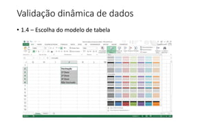 Validação dinâmica de dados
• 1.4 – Escolha do modelo de tabela
 