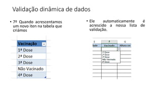 Validação dinâmica de dados
• 7º Quando acrescentamos
um novo iten na tabela que
criámos
• Ele automaticamente é
acrescido a nossa lista de
validação.
 