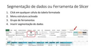Segmentação de dados ou Ferramenta de Slicer
1. Click em qualquer célula da tabela formatada
2. Menu estrutura activado
3. Grupo de ferramentas
4. Inserir segmentação de dados
 