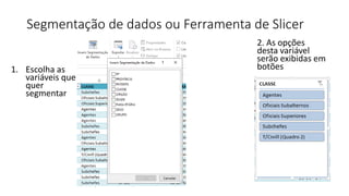 Segmentação de dados ou Ferramenta de Slicer
1. Escolha as
variáveis que
quer
segmentar
2. As opções
desta variável
serão exibidas em
botões
 