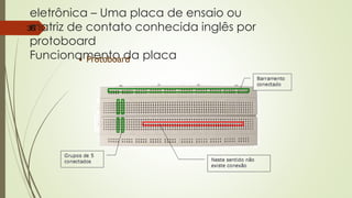 eletrônica – Uma placa de ensaio ou
matriz de contato conhecida inglês por
protoboard
Funcionamento da placa
36
• Protoboard
 