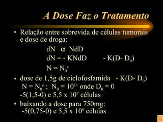 A Dose Faz o Tratamento Relação entre sobrevida de células tumorais e dose de droga: dN     NdD dN = - KNdD  - K(D- D 0 ) N = N 0 e dose de 1,5g de ciclofosfamida  - K(D- D 0 )  N = N 0 e  ;  N 0  = 10 11  onde D 0  = 0 -5(1,5-0) e 5,5 x 10 7  células baixando a dose para 750mg:  -5(0,75-0) e 5,5 x 10 9  células 
