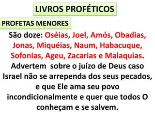 LIVROS PROFÉTICOS
PROFETAS MENORES
São doze: Oséias, Joel, Amós, Obadias,
Jonas, Miquéias, Naum, Habacuque,
Sofonias, Ageu, Zacarias e Malaquias.
Advertem sobre o juízo de Deus caso
Israel não se arrependa dos seus pecados,
e que Ele ama seu povo
incondicionalmente e quer que todos O
conheçam e se salvem.
 