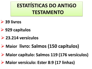 ESTATÍSTICAS DO ANTIGO
TESTAMENTO
 39 livros
 929 capítulos
 23.214 versículos
 Maior livro: Salmos (150 capítulos)
 Maior capítulo: Salmos 119 (176 versículos)
 Maior versículo: Ester 8:9 (17 linhas)
 