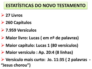 ESTATÍSTICAS DO NOVO TESTAMENTO
 260 Capítulos
 7.959 Versículos
 27 Livros
 Maior versículo : Ap. 20:4 (8 linhas)
 Maior livro: Lucas ( em nº de palavras)
 Versículo mais curto: Jo. 11:35 ( 2 palavras -
“Jesus chorou”)
 Maior capítulo: Lucas 1 (80 versículos)
 