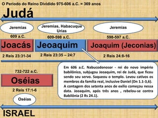 O Período do Reino Dividido 975-606 a.C. = 369 anos
Judá
ISRAEL
Joacás
609 a.C.
2 Reis 23:31-34
Jeremias
Jeoaquim
609-598 a.C.
2 Reis 23:35 – 24:7
Jeremias, Habacuque
Urias
Joaquim (Jeconias)
598-597 a.C.
2 Reis 24:8-16
Jeremias
Oséias
732-722 a.C.
2 Reis 17:1-6
Oséias
Em 606 a.C. Nabucodonosor - rei do novo império
babilônico, subjugou Jeoaquim, rei de Judá, que ficou
sendo seu servo. Saqueou o templo. Levou cativos os
membros da família real, inclusive Daniel (Dn 1.1-3,6).
A contagem dos setenta anos de exílio começou nessa
data. Jeoaquim, após três anos , rebelou-se contra
Babilônia (2 Rs 24.1).
 