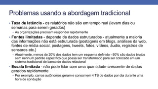 Problemas usando a abordagem tradicional
• Taxa de latência - os relatórios não são em tempo real (levam dias ou
semanas para serem gerados)
• As organizações precisam responder rapidamente
• Fontes limitadas - depende de dados estruturados - atualmente a maioria
das informações não está estruturada (postagens em blogs, análises da web,
fontes de mídia social, postagens, tweets, fotos, vídeos, áudio, registros de
sensores etc.)
• Atualmente, menos de 20% dos dados tem um esquema definido - 80% são dados brutos
sem nenhum padrão específico que possa ser transformado para ser colocado em um
sistema tradicional de banco de dados relacional
• Escala limitada - não pode lidar com uma quantidade crescente de dados
gerados rapidamente
• Por exemplo, carros autônomos geram e consomem 4 TB de dados por dia durante uma
hora de condução
 