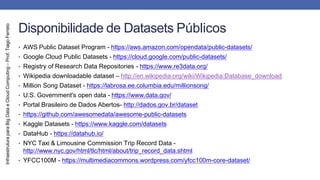 Infraestrutura
para
Big
Data
e
Cloud
Computing
–
Prof.
Tiago
Ferreto
Disponibilidade de Datasets Públicos
• AWS Public Dataset Program - https://aws.amazon.com/opendata/public-datasets/
• Google Cloud Public Datasets - https://cloud.google.com/public-datasets/
• Registry of Research Data Repositories - https://www.re3data.org/
• Wikipedia downloadable dataset – http://en.wikipedia.org/wiki/Wikipedia:Database_download
• Million Song Dataset - https://labrosa.ee.columbia.edu/millionsong/
• U.S. Government's open data - https://www.data.gov/
• Portal Brasileiro de Dados Abertos- http://dados.gov.br/dataset
• https://github.com/awesomedata/awesome-public-datasets
• Kaggle Datasets - https://www.kaggle.com/datasets
• DataHub - https://datahub.io/
• NYC Taxi & Limousine Commission Trip Record Data -
http://www.nyc.gov/html/tlc/html/about/trip_record_data.shtml
• YFCC100M - https://multimediacommons.wordpress.com/yfcc100m-core-dataset/
 
