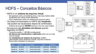 HDFS – Conceitos Básicos
• HDFS é um sistema de arquivos virtual
• Ele aparece como um sistema único, mas seus dados estão
localizados em vários locais diferentes
• Ele é implantado sobre um sistema de arquivos nativo
• Os dados armazenados no HDFS são imutáveis -
não podem ser atualizados depois de confirmados
• Sistema de arquivos WORM (escreva uma vez, leia muitas)
• Os arquivos são divididos em blocos quando
ingeridos no HDFS
• Tamanho padrão = 128 MB (configurável)
• Os blocos são distribuídos e replicados entre um ou mais
nós do cluster
• Os metadados do sistema de arquivos contêm
informações sobre diretórios virtuais, arquivos e blocos
físicos que compõem os arquivos
 
