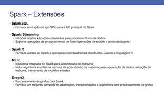 Spark – Extensões
• SparkSQL
• Fornece abstração do tipo SQL para a API principal do Spark
• Spark Streaming
• Introduz objetos e funções projetados para processar fluxos de dados
• Suporta operações de processamento de fluxo (operações de estado e janela deslizante)
• SparkR
• Fornece acesso ao Spark e operações com dataframes distribuídos usando a linguagem R
• MLlib
• Biblioteca integrada no Spark para aprendizado de máquina
• Inclui algoritmos e utilitários comuns de aprendizado de máquina para preparação de dados, extração de
features, treinamento de modelos e testes
• GraphX
• Processamento de grafos com Spark
• Fornece um conjunto completo de abstrações, transformações e algoritmos para processamento de grafos
 