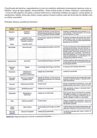 Classificação das bactérias: arqueobactérias (vivem em condições ambientais extremamente rigorosas como as
halófitas –poços de água salgada-, termoacidófilas –fontes termais ácidas ou fendas vulcânicas-, metanogênicas
–vivem no tubo digestivo de cupins e animais herbívoros) e eubactérias (milhares de espécies, variam quanto ao
metabolismo, habitat, forma das células; muitas espécies formam colônias onde não há divisão de trabalho entre
as células associadas)

Principais doenças causadas por bactérias:
 