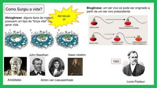 Como Surgiu a vida?
Abiogênese: alguns tipos de materiais
possuem um tipo de “força vital” capaz de
gerar vida.
Biogênese: um ser vivo só pode ser originado a
partir de um ser vivo preexistente.
Louis Pasteur
1860
Anton van Leeuwenhoek
John Needhan
Aristóteles
Isaac newton
Até Século
19
 