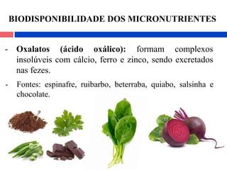 - Oxalatos (ácido oxálico): formam complexos
insolúveis com cálcio, ferro e zinco, sendo excretados
nas fezes.
- Fontes: espinafre, ruibarbo, beterraba, quiabo, salsinha e
chocolate.
BIODISPONIBILIDADE DOS MICRONUTRIENTES
 