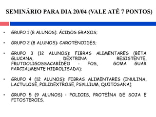 • GRUPO 1 (8 ALUNOS): ÁCIDOS GRAXOS;
• GRUPO 2 (8 ALUNOS): CAROTENOIDES;
• GRUPO 3 (12 ALUNOS): FIBRAS ALIMENTARES (BETA
GLUCANA, DEXTRINA RESISTENTE,
FRUTOOLIGOSSACARÍDEO - FOS, GOMA GUAR
PARCIALMENTE HIDROLISADA);
• GRUPO 4 (12 ALUNOS): FIBRAS ALIMENTARES (INULINA,
LACTULOSE, POLIDEXTROSE, PSYLLIUM, QUITOSANA);
• GRUPO 5 (9 ALUNOS) : POLIOIS, PROTEÍNA DE SOJA E
FITOSTEROIS.
SEMINÁRIO PARA DIA 20/04 (VALE ATÉ 7 PONTOS)
 