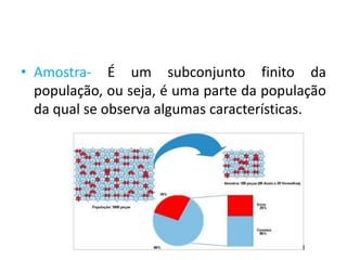 • Amostra- É um subconjunto finito da
  população, ou seja, é uma parte da população
  da qual se observa algumas características.
 