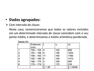 • Dados agrupados:
 Com intervalo de classe:
  Neste caso, convencionamos que todos os valores incluídos
  em um determinado intervalo de classe coincidem com o seu
  ponto médio, e determinamos a média aritmética ponderada.
        Tabela 03:
        i          Estaturas   fi       xi    xifi
                   (cm)
        1          150 – 154   4        152   608
        2          154 – 158   9        156   1404
        3          158 – 162   11       160   1760
        4          162 – 166   8        164   1312
        5          166 – 170   5        168   840
        6          170 – 174   3        172   516
                               ∑ = 40         ∑ = 6440
 