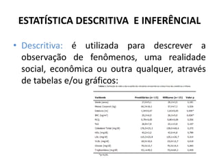 ESTATÍSTICA DESCRITIVA E INFERÊNCIAL

• Descritiva: é utilizada para descrever a
  observação de fenômenos, uma realidade
  social, econômica ou outra qualquer, através
  de tabelas e/ou gráficos;
 