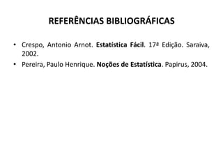 REFERÊNCIAS BIBLIOGRÁFICAS

• Crespo, Antonio Arnot. Estatística Fácil. 17ª Edição. Saraiva,
  2002.
• Pereira, Paulo Henrique. Noções de Estatística. Papirus, 2004.
 
