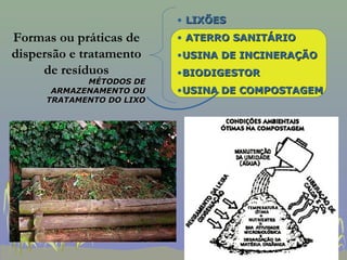 • LIXÕES
Formas ou práticas de     • ATERRO SANITÁRIO
dispersão e tratamento    •USINA DE INCINERAÇÃO
     de resíduos          •BIODIGESTOR
            MÉTODOS DE
      ARMAZENAMENTO OU    •USINA DE COMPOSTAGEM
     TRATAMENTO DO LIXO
 