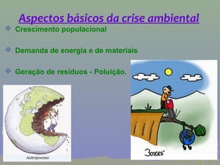 Aspectos básicos da crise ambiental
 Crescimento populacional

 Demanda de energia e de materiais

 Geração de resíduos - Poluição.
 