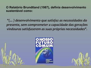 O Relatório Brundtland (1987), definia desenvolvimento
sustentável como:


"(... ) desenvolvimento que satisfaz as necessidades do
presente, sem comprometer a capacidade das gerações
vindouras satisfazerem as suas próprias necessidades".
 