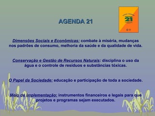AGENDA 21


 Dimensões Sociais e Econômicas: combate à miséria, mudanças
nos padrões de consumo, melhoria da saúde e da qualidade de vida.


 Conservação e Gestão de Recursos Naturais: disciplina o uso da
      água e o controle de resíduos e substâncias tóxicas.


O Papel da Sociedade: educação e participação de toda a sociedade.


Meio de Implementação: instrumentos financeiros e legais para que
             projetos e programas sejam executados.
 