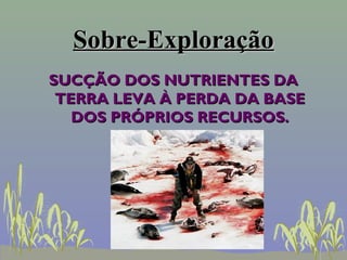 Sobre-Exploração
SUCÇÃO DOS NUTRIENTES DA
 TERRA LEVA À PERDA DA BASE
   DOS PRÓPRIOS RECURSOS.
 