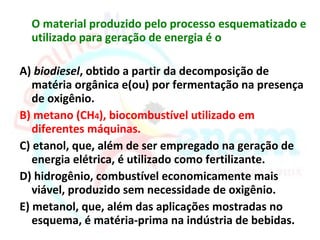 O material produzido pelo processo esquematizado e
  utilizado para geração de energia é o

A) biodiesel, obtido a partir da decomposição de
   matéria orgânica e(ou) por fermentação na presença
   de oxigênio.
B) metano (CH4), biocombustível utilizado em
   diferentes máquinas.
C) etanol, que, além de ser empregado na geração de
   energia elétrica, é utilizado como fertilizante.
D) hidrogênio, combustível economicamente mais
   viável, produzido sem necessidade de oxigênio.
E) metanol, que, além das aplicações mostradas no
   esquema, é matéria-prima na indústria de bebidas.
 