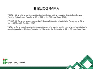 BIBLIOGRAFIA
VIEIRA, S.L. A educação nas constituições brasileiras: texto e contexto. Revista Brasileira de
Estudos Pedagógicos, Brasília, v. 88, n. 219, p.291-309, maio/ago., 2007.
YOUNG, M. Para que servem as escolas?. Revista Educação e Sociedade, Campinas, v. 28, n.
101, p.1287-1302, Set./Dez. 2007.
ZAGO, N. Do acesso à permanência no ensino superior: percursos de estudantes universitários de
camadas populares. Revista Brasileira de Educação, Rio de Janeiro, v. 11, n. 32, maio/ago. 2006.
 