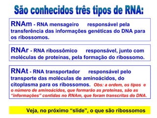 RNAm - RNA mensageiro responsável pela
transferência das informações genéticas do DNA para
os ribossomos.
RNAr - RNA ribossômico responsável, junto com
moléculas de proteínas, pela formação do ribossomo.
RNAt - RNA transportador responsável pelo
transporte das moléculas de aminoácidos, do
citoplasma para os ribossomos. Obs: a ordem, os tipos e
o número de aminoácidos, que formarão as proteínas, são as
“informações” contidas no RNAm, que foram transcritas do DNA.
Veja, no próximo “slide”, o que são ribossomos
 