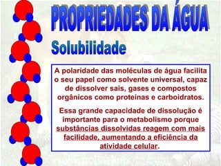 A polaridade das moléculas de água facilita
o seu papel como solvente universal, capaz
de dissolver sais, gases e compostos
orgânicos como proteínas e carboidratos.
Essa grande capacidade de dissolução é
importante para o metabolismo porque
substâncias dissolvidas reagem com mais
facilidade, aumentando a eficiência da
atividade celular.
 