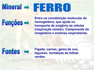 Entra na constituição molecular da
hemoglobina, que ajuda no
transporte de oxigênio às células
(respiração celular). Componente da
mioglobina e enzimas respiratórias.
Fígado, carnes, gema de ovo,
legumes, hortaliças de folhas
verdes.
 