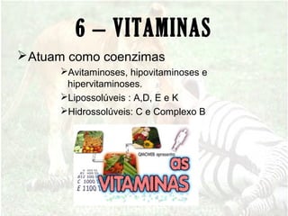 6 – VITAMINAS
Atuam como coenzimas
Avitaminoses, hipovitaminoses e
hipervitaminoses.
Lipossolúveis : A,D, E e K
Hidrossolúveis: C e Complexo B
 