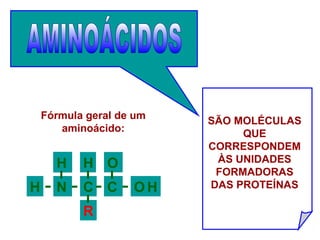 SÃO MOLÉCULAS
QUE
CORRESPONDEM
ÀS UNIDADES
FORMADORAS
DAS PROTEÍNASH
H
R
H
N CC
O
OH
Fórmula geral de um
aminoácido:
 