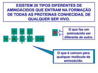 EXISTEM 20 TIPOS DIFERENTES DE
AMINOÁCIDOS QUE ENTRAM NA FORMAÇÃO
DE TODAS AS PROTEINAS CONHECIDAS, DE
QUALQUER SER VIVO.
H
H RH
N CC
O
OH
O que é comum para
qualquer molécula de
aminoácido.
O que faz um
aminoácido ser
diferente de outro.
 