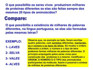 O que possibilita os seres vivos produzirem milhares
de proteínas diferentes se elas são feitas sempre dos
mesmos 20 tipos de aminoácidos?
O que possibilita a existência de milhares de palavras
diferentes, na língua portuguesa, se elas são formadas
pelas mesmas letras?
EXEMPLO:
1- LAVES
2- SELVA
3- VALES
4- ALVES
Observe que, no exemplo ao lado, foram escritas
quatro palavras, com sentidos diferentes, mantendo-
se o número e os tipos de letras. Só mudou a ordem.
Alterando a ordem, o número e o tipo de letra
podemos formar milhares de palavras diferentes. O
princípio empregado pelos seres vivos para
construção das proteínas é o mesmo: modificam a
ORDEM, O NÚMERO E O TIPO dos aminoácidos
participantes da molécula. Assim é possível a síntese
de milhões de proteínas diferentes.
 