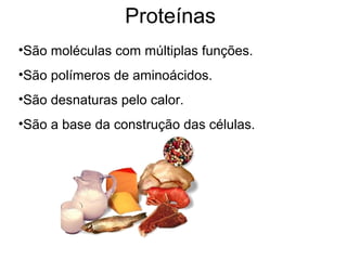 Proteínas
•São moléculas com múltiplas funções.
•São polímeros de aminoácidos.
•São desnaturas pelo calor.
•São a base da construção das células.
 
