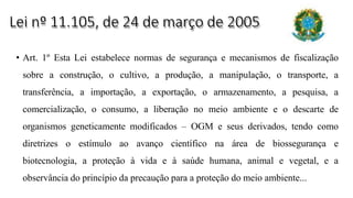 Lei nº 11.105, de 24 de março de 2005
• Art. 1º Esta Lei estabelece normas de segurança e mecanismos de fiscalização
sobre a construção, o cultivo, a produção, a manipulação, o transporte, a
transferência, a importação, a exportação, o armazenamento, a pesquisa, a
comercialização, o consumo, a liberação no meio ambiente e o descarte de
organismos geneticamente modificados – OGM e seus derivados, tendo como
diretrizes o estímulo ao avanço científico na área de biossegurança e
biotecnologia, a proteção à vida e à saúde humana, animal e vegetal, e a
observância do princípio da precaução para a proteção do meio ambiente...
 
