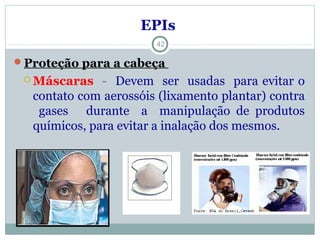 EPIs
Proteção para a cabeça
 Máscaras - Devem ser usadas para evitar o
contato com aerossóis (lixamento plantar) contra
gases durante a manipulação de produtos
químicos, para evitar a inalação dos mesmos.
42
 