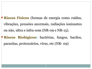 7
Riscos Físicos (formas de energia como ruídos,
vibrações, pressões anormais, radiações ionizantes
ou não, ultra e infra-som (NR-09 e NR-15).
Riscos Biológicos: bactérias, fungos, bacilos,
parasitas, protozoários, vírus, etc (NR- 09)
 